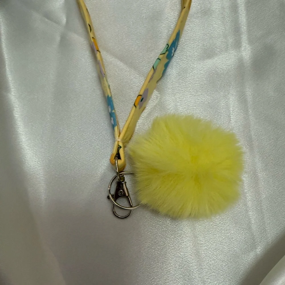 Handmade Yellow and Blue Floral Wristlet Keychain with Yellow Pompom